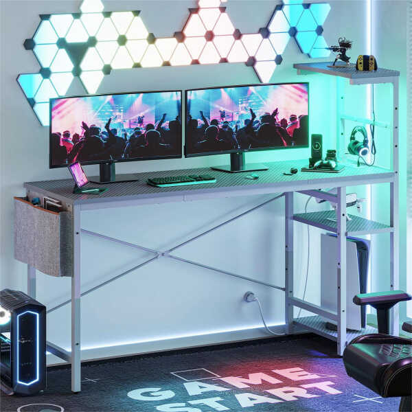 Bestier 61" Reversible Gaming Desk with PC Shelf Computer Desk with LED Light Carbon Fiber