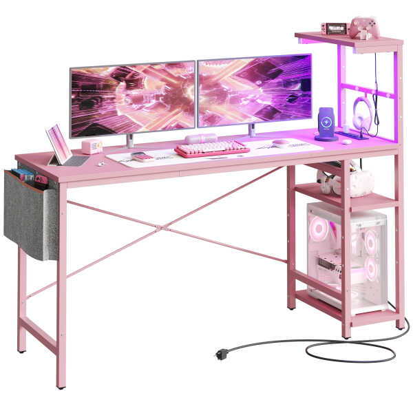 Bestier 61" Reversible Gaming Desk with PC Shelf Computer Desk with LED Light Carbon Fiber