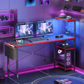 Bestier 61" Reversible Gaming Desk with PC Shelf Computer Desk with LED Light Carbon Fiber
