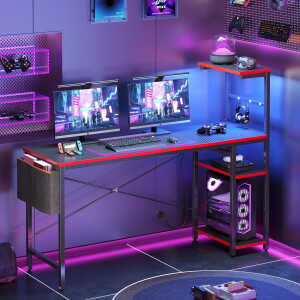 Bestier 61" Reversible Gaming Desk with PC Shelf Computer Desk with LED Light Carbon Fiber