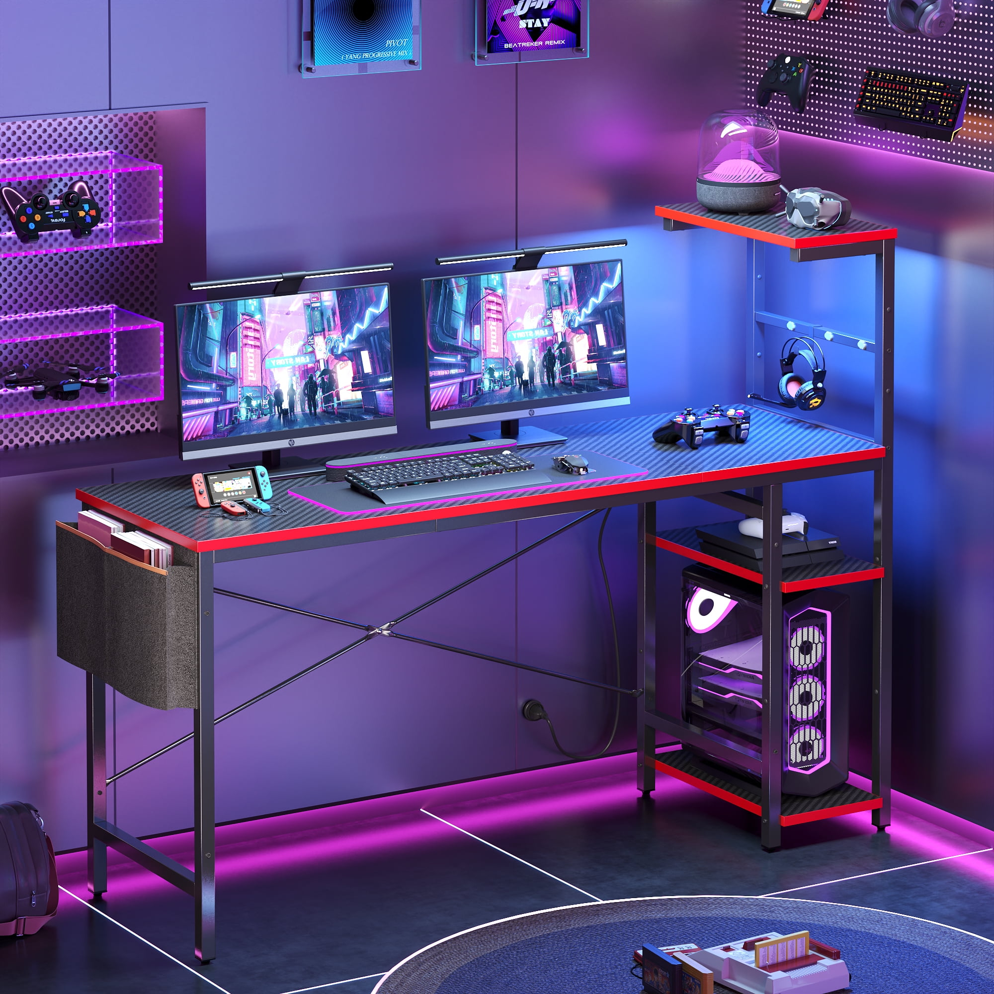 Bestier 61" Reversible Gaming Desk with PC Shelf Computer Desk with LED Light Carbon Fiber