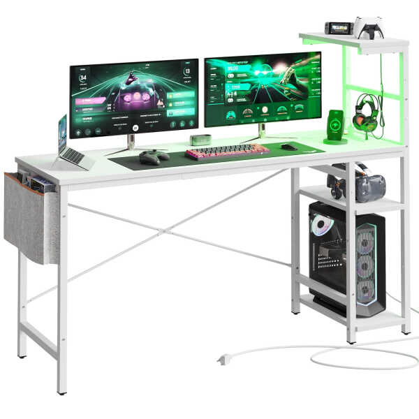 Bestier 61" Reversible Gaming Desk with PC Shelf Computer Desk with LED Light Carbon Fiber