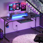 Bestier 63" Gaming Desk with LED Lights & Power Outlets, Computer Desk with Monitor Stand & Keyboard Tray for Home Office,