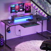 Bestier 63" Gaming Desk with LED Lights & Power Outlets, Computer Desk with Monitor Stand & Keyboard Tray for Home Office,