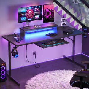 Bestier 63" Gaming Desk with LED Lights & Power Outlets, Computer Desk with Monitor Stand & Keyboard Tray for Home Office,