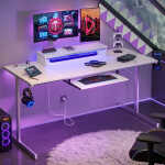 Bestier 63" Gaming Desk with LED Lights & Power Outlets, Computer Desk with Monitor Stand & Keyboard Tray for Home Office,