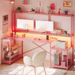 Bestier 71.5 inch Gaming Desk with LED Lights & Power Outlet, L Shaped Computer Desk with Hutch & Adjustable Shelves, Pink 3D