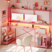 Bestier 71.5 inch Gaming Desk with LED Lights & Power Outlet, L Shaped Computer Desk with Hutch & Adjustable Shelves, Pink 3D