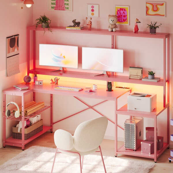 Bestier 71.5 inch Gaming Desk with LED Lights & Power Outlet, L Shaped Computer Desk with Hutch & Adjustable Shelves, Pink 3D