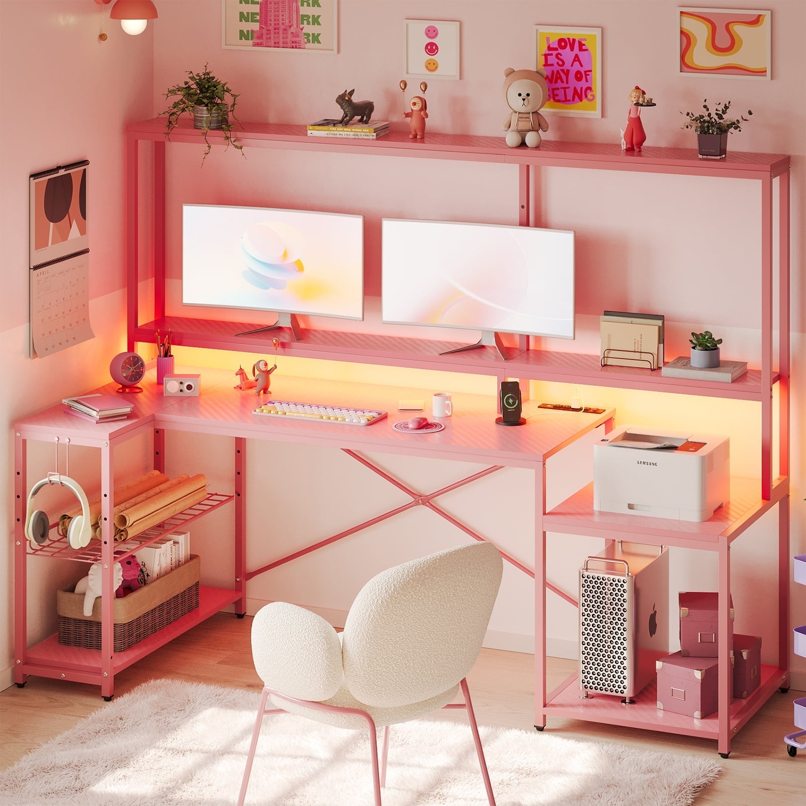 Bestier 71.5 inch Gaming Desk with LED Lights & Power Outlet, L Shaped Computer Desk with Hutch & Adjustable Shelves, Pink 3D