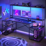 Bestier 71.5 inch Gaming Desk with LED Lights & Power Outlet, L Shaped Computer Desk with Hutch & Adjustable Shelves, Pink 3D