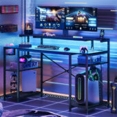 Bestier Gaming Desk with LED Light & Outlets 55" Computer Desk with Monitor Stand, Black Carbon Fiber