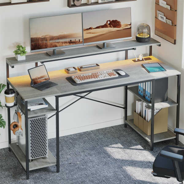 Bestier Gaming Desk with LED Light & Outlets 55" Computer Desk with Monitor Stand, Black Carbon Fiber