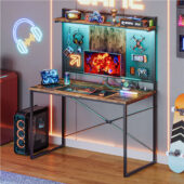 Bestier Gaming Desk with Power Outlets & LED Light, 39.3 Inch Computer Desk Office Table with Storage Shelves Pegboard, Rustic