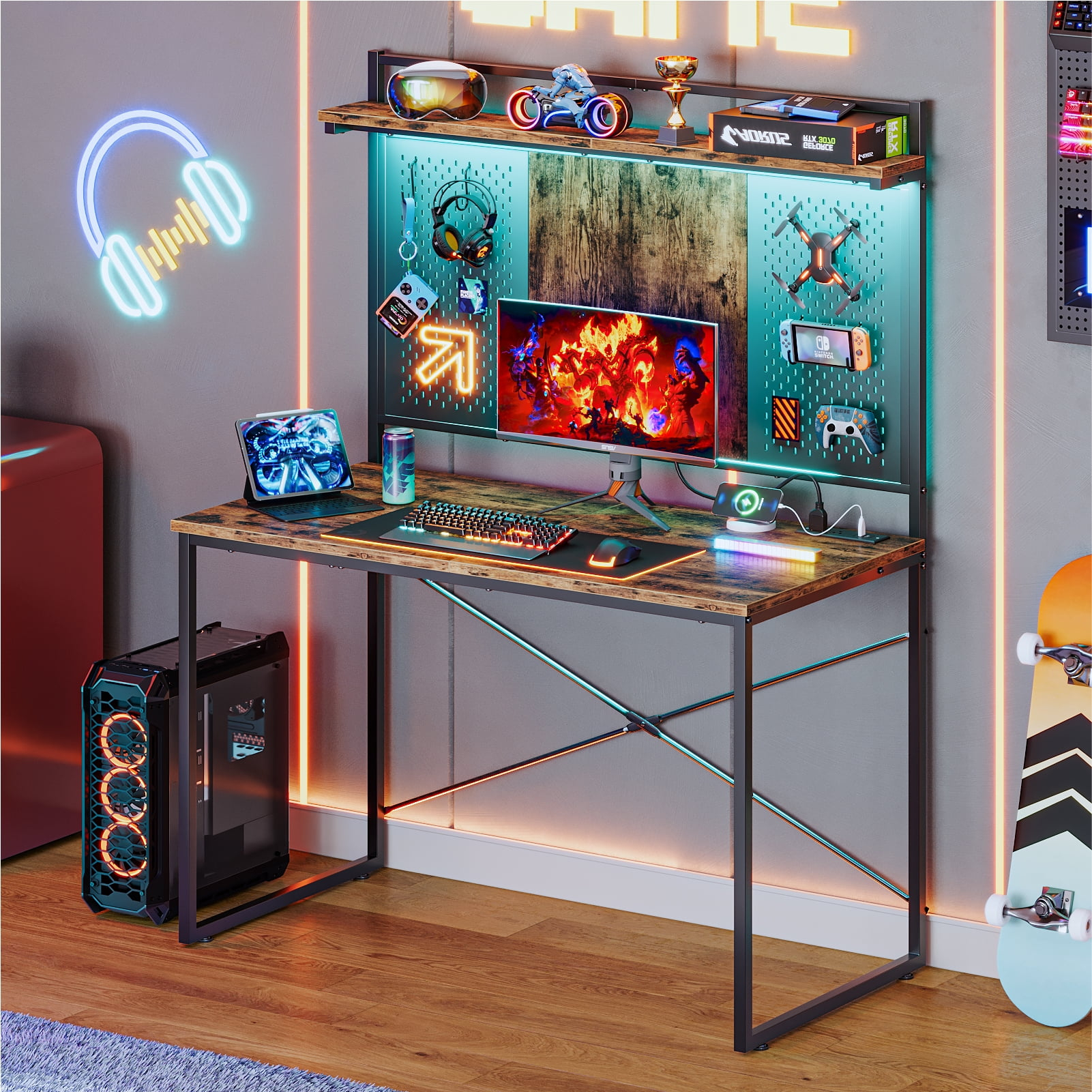 Bestier Gaming Desk with Power Outlets & LED Light, 39.3 Inch Computer Desk Office Table with Storage Shelves Pegboard, Rustic