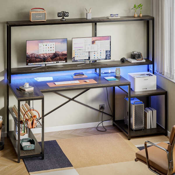 Bestier 71.5 inch Gaming Desk with LED Lights & Power Outlet, L Shaped Computer Desk with Hutch & Adjustable Shelves, Pink 3D