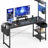 Upgo 55" Gaming Desk with Adjustable Storage Rack & LED Lights, Power Outlets for Adult and Teen