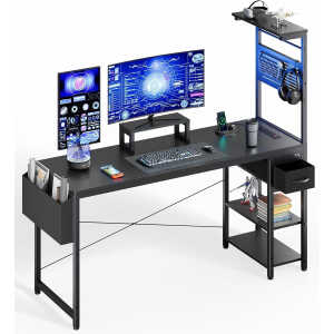 Upgo 55" Gaming Desk with Adjustable Storage Rack & LED Lights, Power Outlets for Adult and Teen