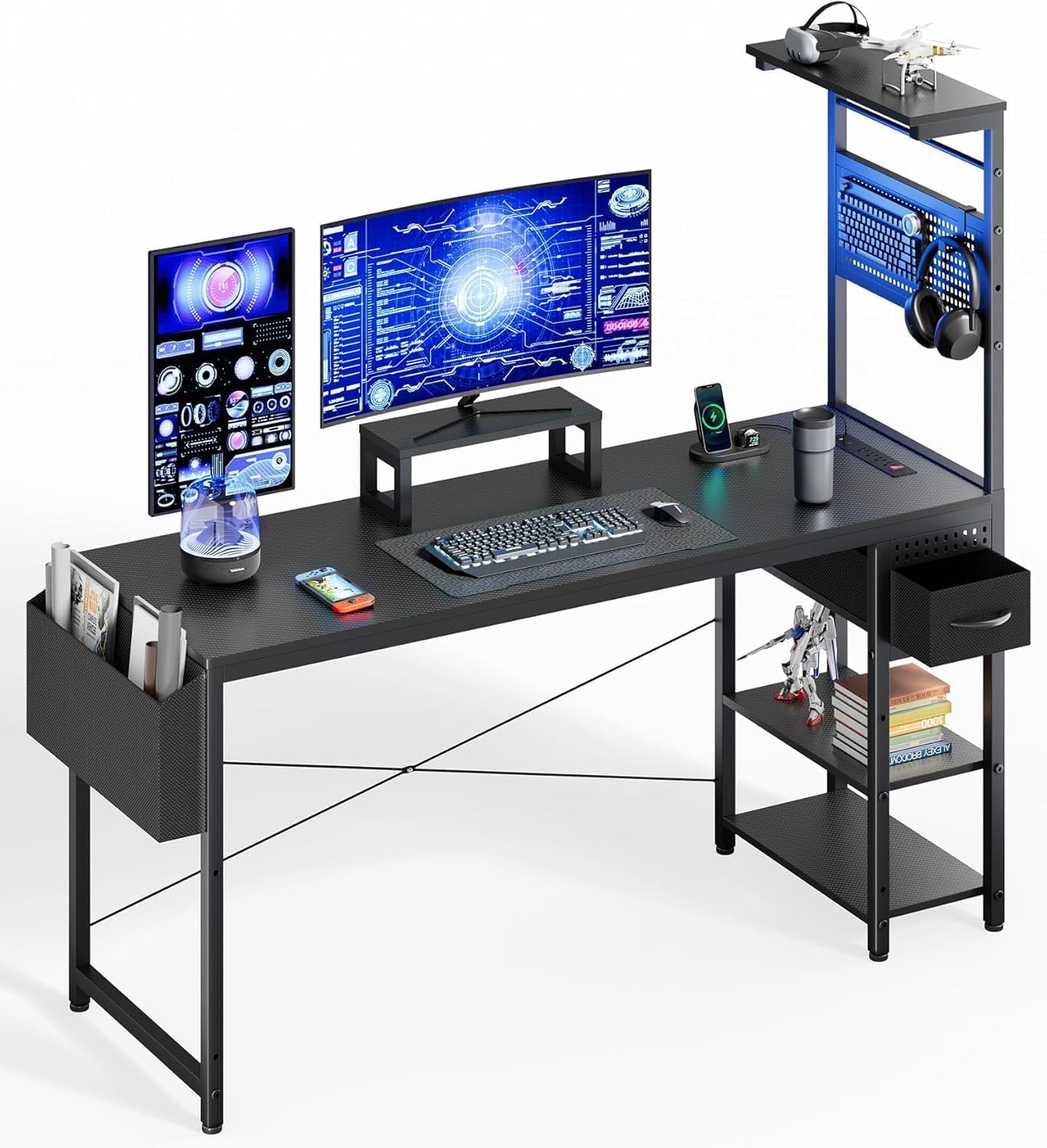 Upgo L Shaped 47" Gaming Desk with LED Lights & Adjustable Stand, Power Outlets & Storage Drawer for Adult and Teen