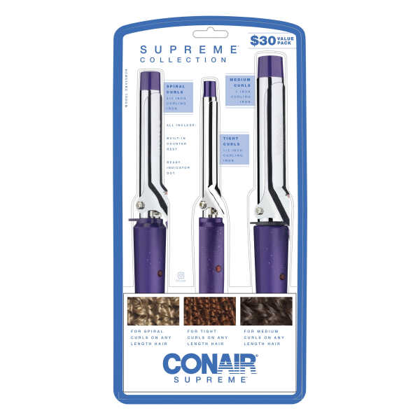 Conair Supreme Triple 0.5", 0.75", 1" Ceramic Spring Curling Iron, Purple, 3 Piece, CB433W2N