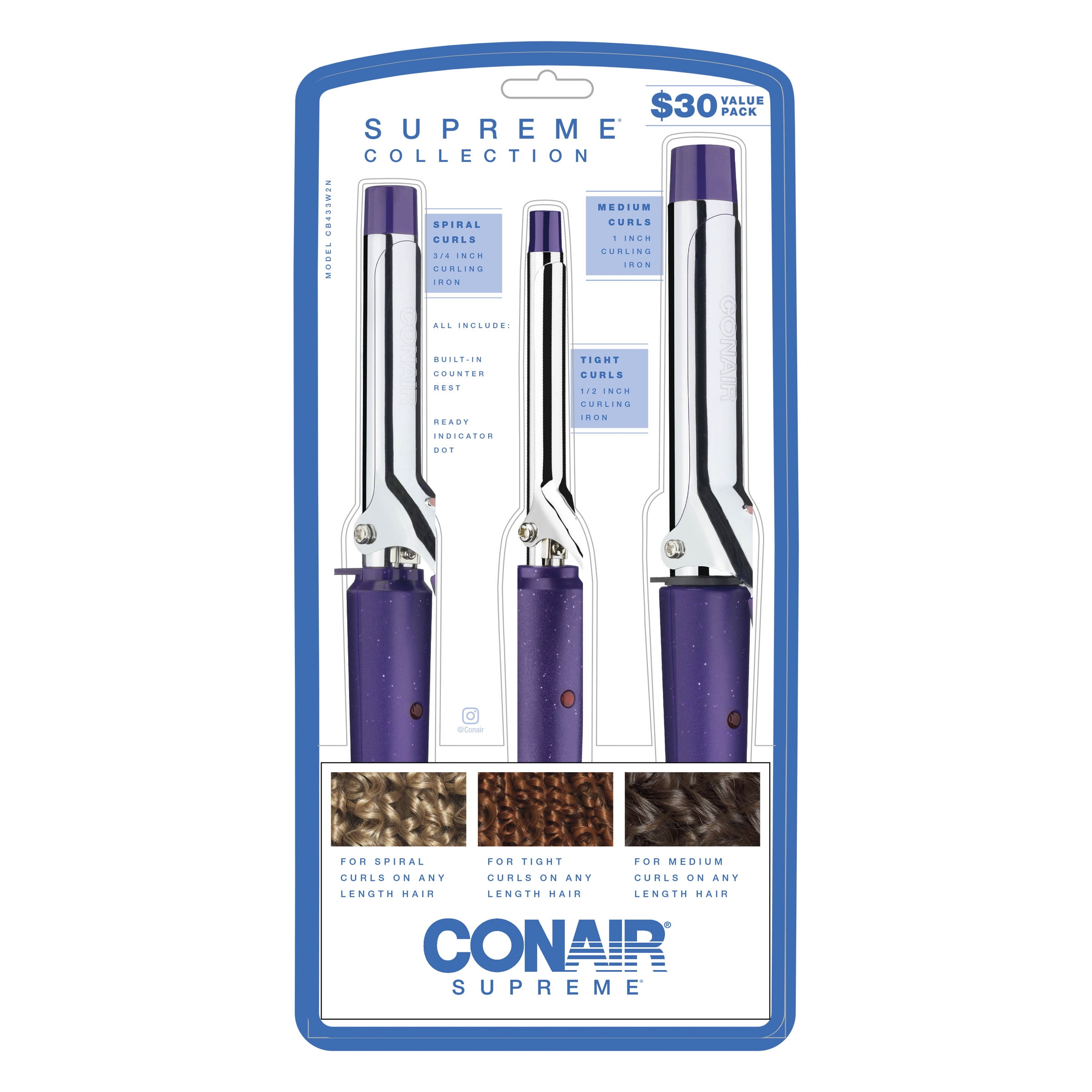 Conair Supreme Triple 0.5", 0.75", 1" Ceramic Spring Curling Iron, Purple, 3 Piece, CB433W2N