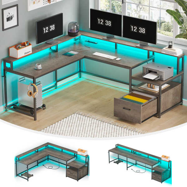 L Shaped Desk with Power Outlet and LED Lights, Corner Computer Desk with File Drawer for Home Office, Gaming Desk, Rustic Brown