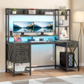 DWVO 59.1"Computer Desk with Power Outlets & Hutch, Office Desk with Storage Shelves & Drawers with Lock, Gaming Desk with LED