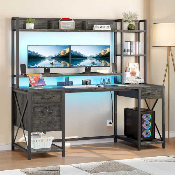 DWVO 59.1"Computer Desk with Power Outlets & Hutch, Office Desk with Storage Shelves & Drawers with Lock, Gaming Desk with LED