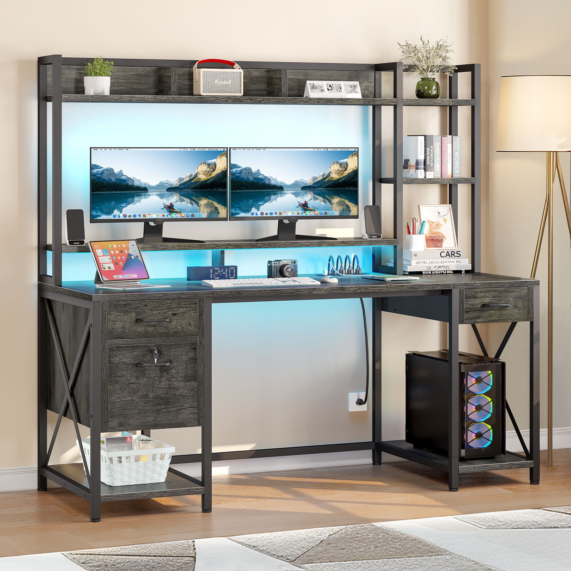DWVO 59.1"Computer Desk with Power Outlets & Hutch, Office Desk with Storage Shelves & Drawers with Lock, Gaming Desk with LED