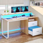 Dextrus 47 inch Computer Desk with Storage Drawers & LED Light, Office Desk with Monitor Stand & Power Outlets, Work Study PC