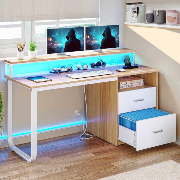 Dextrus 47 inch Computer Desk with Storage Drawers & LED Light, Office Desk with Monitor Stand & Power Outlets, Work Study PC