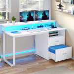Dextrus 47 inch Computer Desk with Storage Drawers & LED Light, Office Desk with Monitor Stand & Power Outlets, Work Study PC