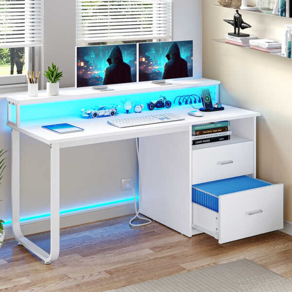 Dextrus 47 inch Computer Desk with Storage Drawers & LED Light, Office Desk with Monitor Stand & Power Outlets, Work Study PC
