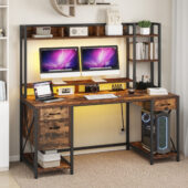 Dextrus 59.1"Computer Desk with Power Outlets & Hutch, Office Desk with Storage Shelves & Drawers with Lock, Gaming Desk with