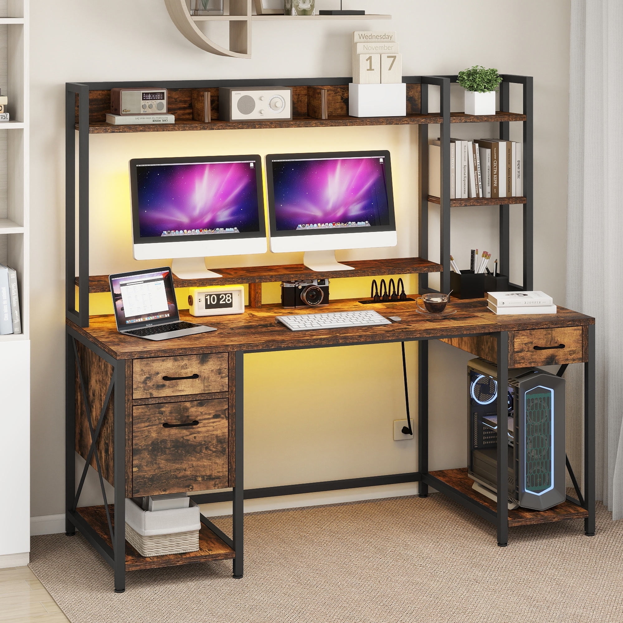Dextrus 59.1"Computer Desk with Power Outlets & Hutch, Office Desk with Storage Shelves & Drawers with Lock, Gaming Desk with