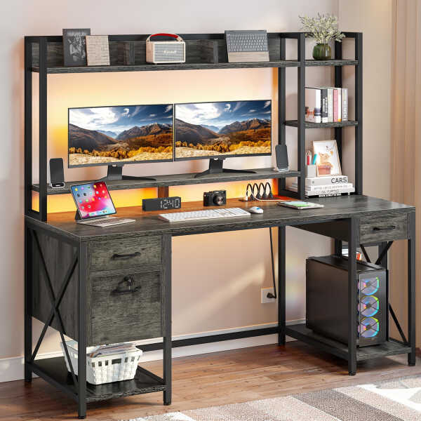 Dextrus 59.1"Computer Desk with Power Outlets & Hutch, Office Desk with Storage Shelves & Drawers with Lock, Gaming Desk with