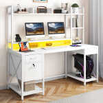 Dextrus 59.1"Computer Desk with Power Outlets & Hutch, Office Desk with Storage Shelves & Drawers with Lock, Gaming Desk with