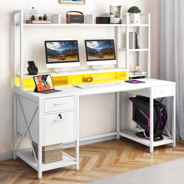 Dextrus 59.1"Computer Desk with Power Outlets & Hutch, Office Desk with Storage Shelves & Drawers with Lock, Gaming Desk with