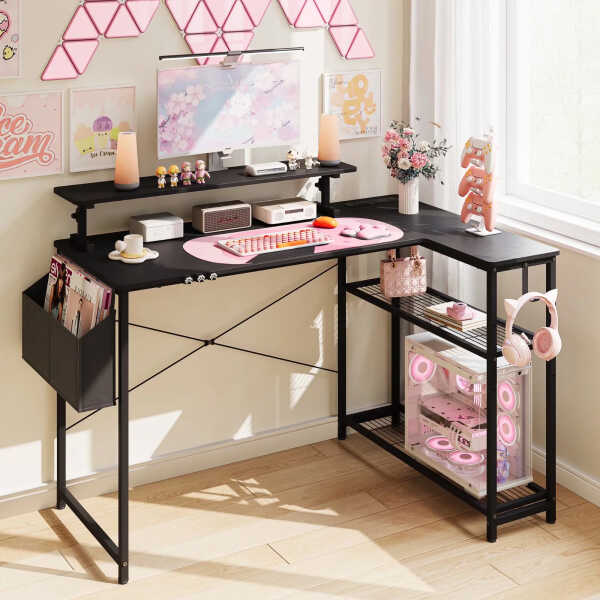 Dowinx 43" L-Shaped Gaming Desk Cute with Cat Accessories, Corner Desk with Power Outlet & Monitor Shelf for Adult and Girl,
