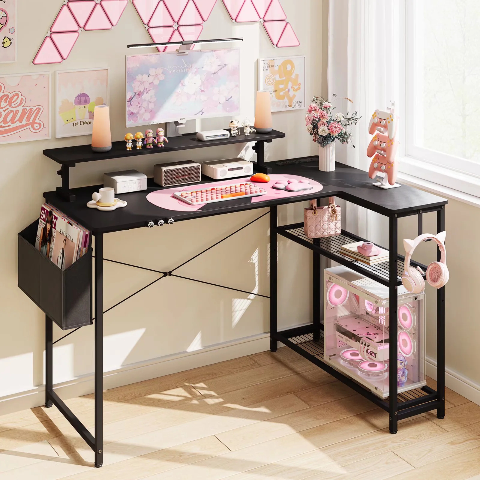 Dowinx 43" L-Shaped Gaming Desk Cute with Cat Accessories, Corner Desk with Power Outlet & Monitor Shelf for Adult and Girl,