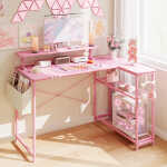 Dowinx 43" L-Shaped Gaming Desk Cute with Cat Accessories, Corner Desk with Power Outlet & Monitor Shelf for Adult and Girl,