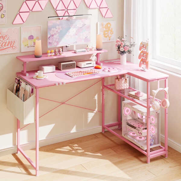 Dowinx 43" L-Shaped Gaming Desk Cute with Cat Accessories, Corner Desk with Power Outlet & Monitor Shelf for Adult and Girl,