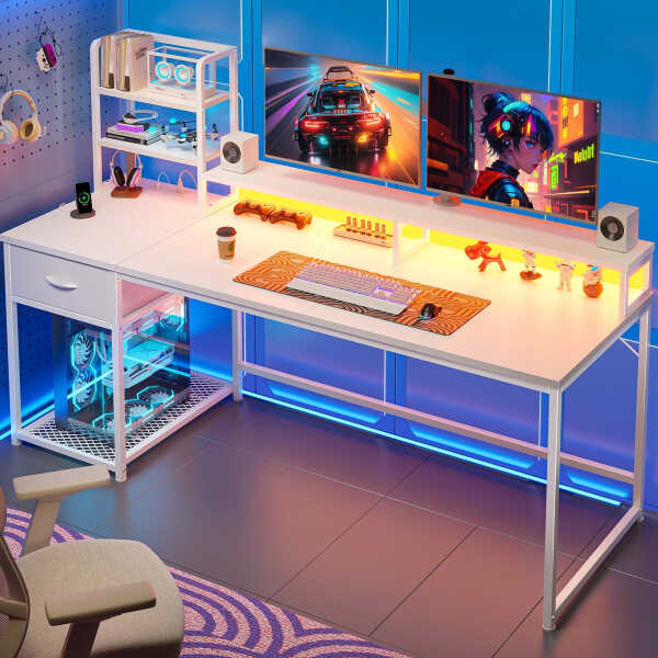 EnHomee 43.3" Gaming Desk with LED Lights & Power Outlets, Computer Desk with Drawers, Home Office Desks with Reversible Shelves