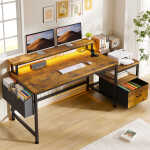 EnHomee 56.5" Computer Desk with Monitor Stand, Office Desk with Fabric File Cabinet, Gaming Computer Desk for Home Office