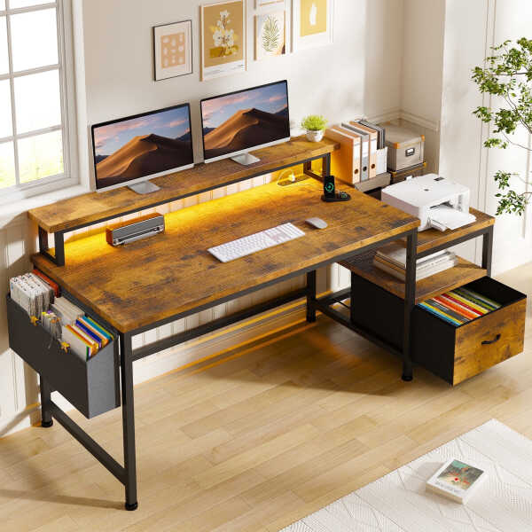 EnHomee 56.5" Computer Desk with Monitor Stand, Office Desk with Fabric File Cabinet, Gaming Computer Desk for Home Office