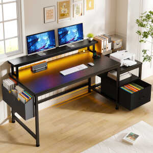 EnHomee 56.5" Computer Desk with Monitor Stand, Office Desk with Fabric File Cabinet, Gaming Computer Desk for Home Office