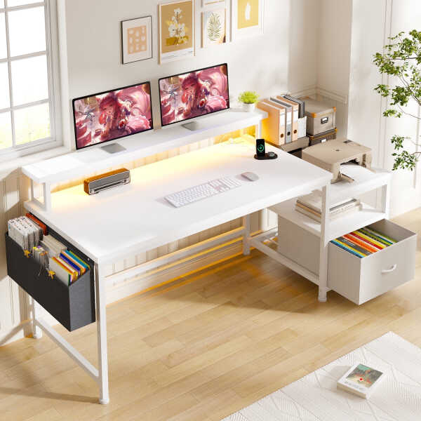 EnHomee 56.5" Computer Desk with Monitor Stand, Office Desk with Fabric File Cabinet, Gaming Computer Desk for Home Office