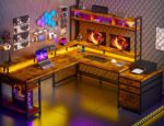 Enhomee L Shaped Desk, Gaming Desks with Power Outlet & LED Light Computer Deskwith Drawers & Storage Shelves Black