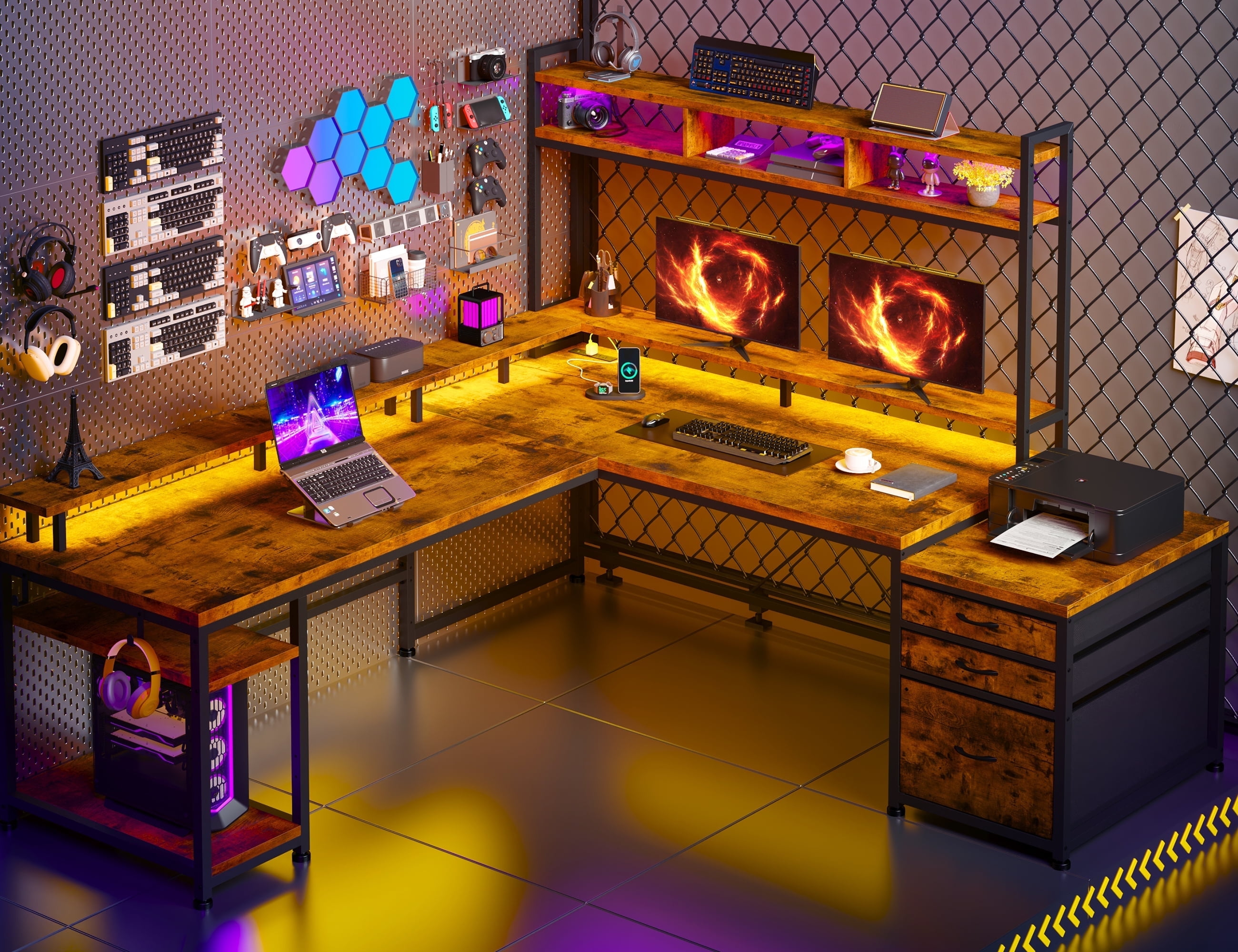 Enhomee L Shaped Desk, Gaming Desks with Power Outlet & LED Light Computer Deskwith Drawers & Storage Shelves Black