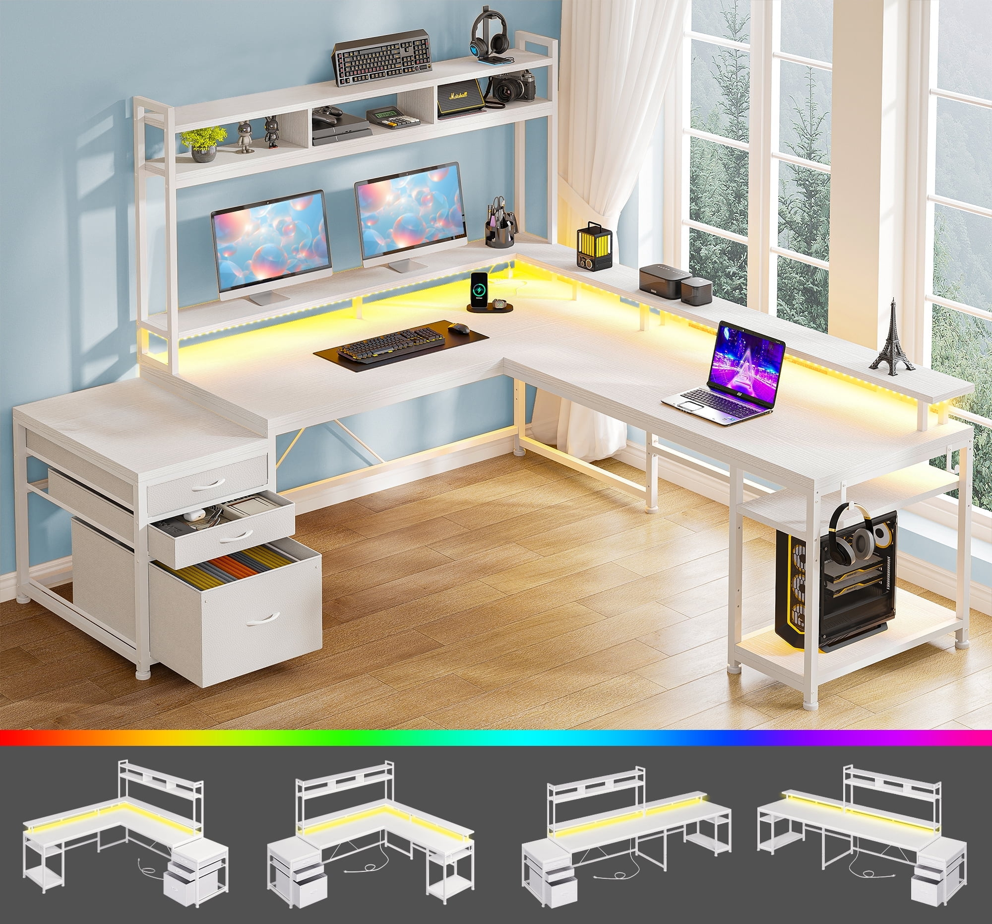 Enhomee L Shaped Desk, Gaming Desks with Power Outlet & LED Light Computer Deskwith Drawers & Storage Shelves Black